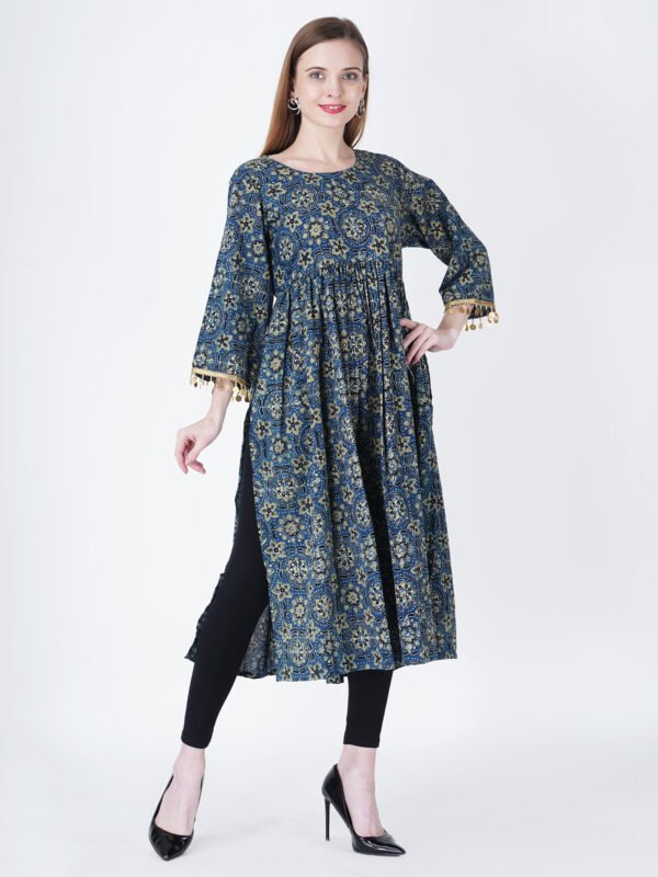 An Ajrakh Pure cotton Kurti with blue and gold Handprint