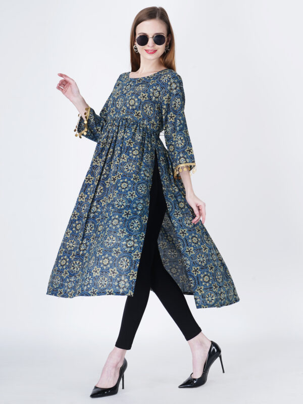 Handprinted Ajrakh Pure cotton Kurti with blue and gold Print